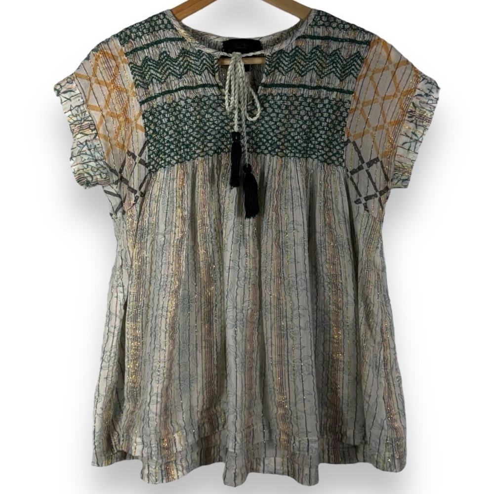 RACHEL Rachel Roy Metallic Embroidered Peasant Top, Neutral Multi, Size Small
